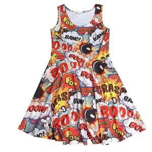 CowCow Womens Retro Comic Book Pop Art Skater Dress Sleeveless Graphic Print L